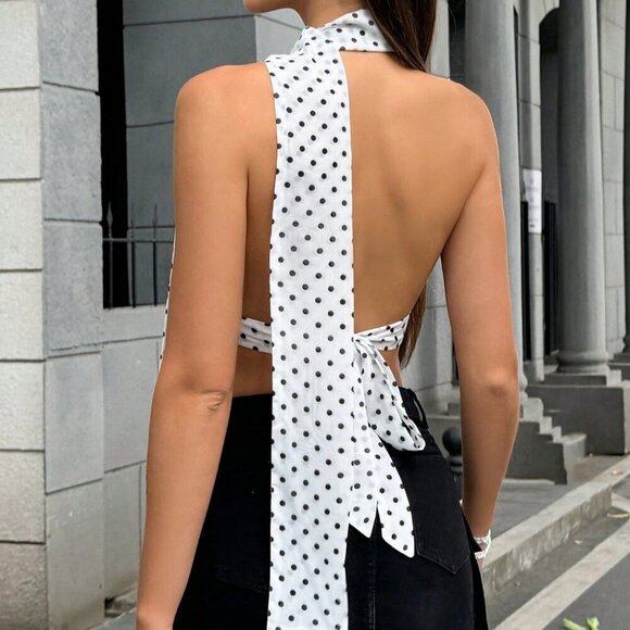 White Women's Elegant Polka Dot Print Halter Neck Camisole - Picture 2 of 7